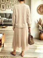 Women's Zipper Accent Sweater Tulle Faux Two-piece Midi Dress