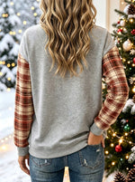 Women Christmas Gift Ornament Plaid Splice Crew Neck Sweatshirt