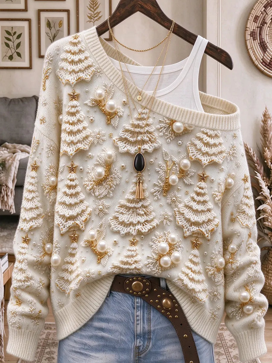 Women's Christmas Seamless Print Off-shoulder Long-sleeve Loose Knit Pullover Sweater