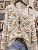 Women's Christmas Seamless Print Off-shoulder Long-sleeve Loose Knit Pullover Sweater