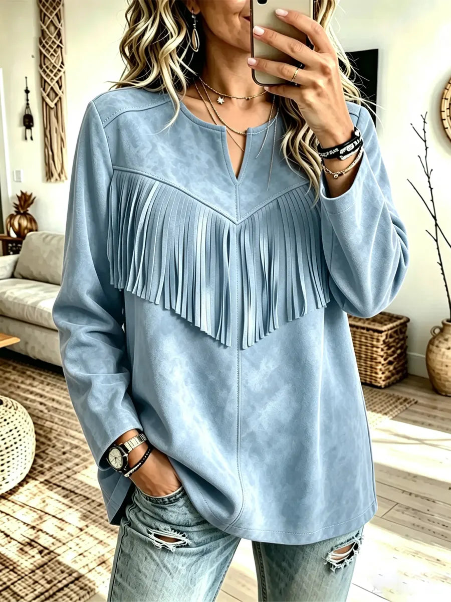 Retro Western Fringe Patchwork Art Casual Stylish Long Sleeve Suede Top