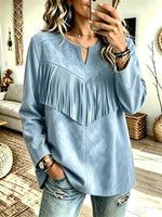 Retro Western Fringe Patchwork Art Casual Stylish Long Sleeve Suede Top