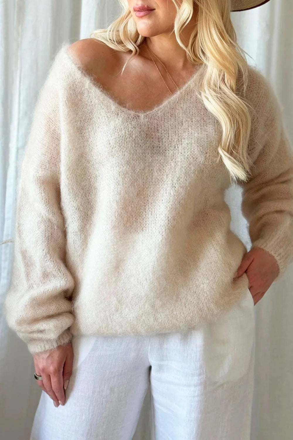 Women Sky Blue Fuzzy V‑Neck Oversized Long Sleeve Knit Sweater