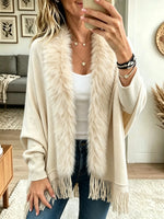 Women's Faux Fur Trim Fringe Poncho Cardigan