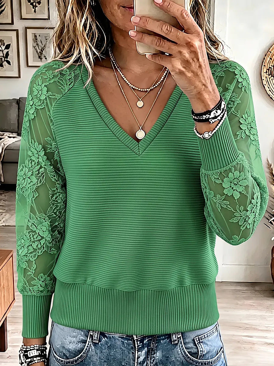 Vintage Elegant Knitting Patchwork Cut-out Lace Sheer Shirt