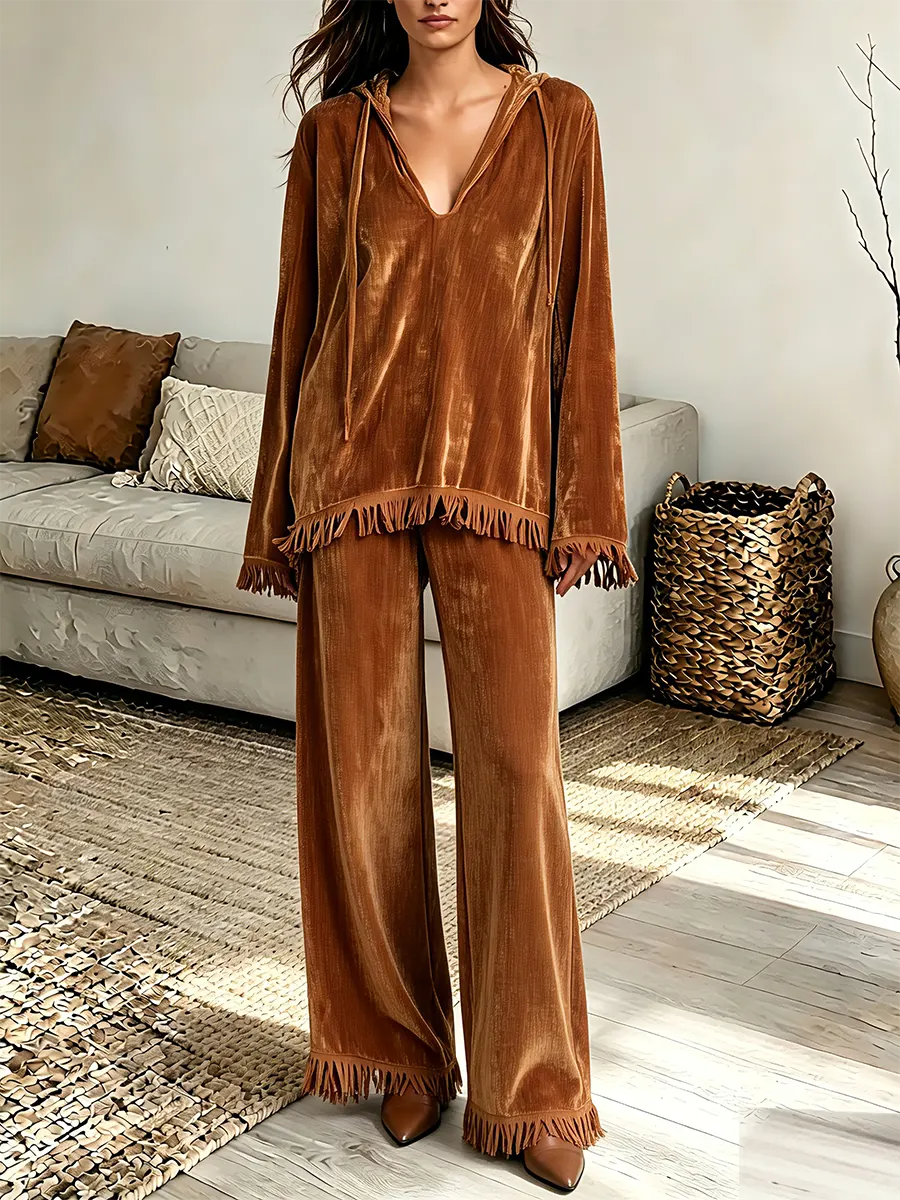 Vintage Elegant Velvet Hooded Patchwork Tassels Trousers Two-piece Set