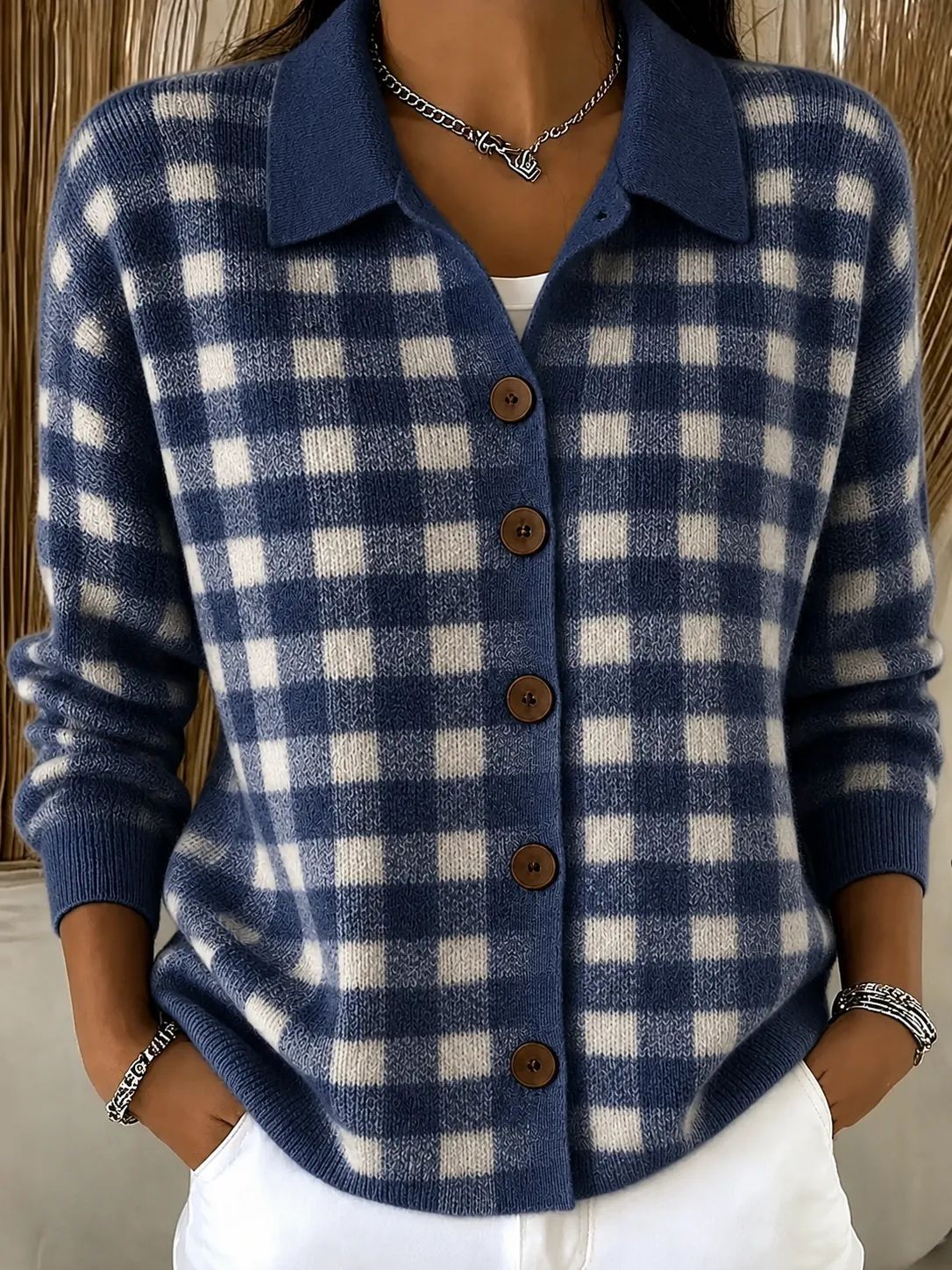 Women Light Blue Gingham Collared Button Knit Cardigan
