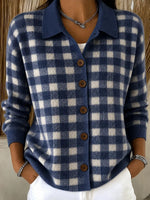 Women Light Blue Gingham Collared Button Knit Cardigan