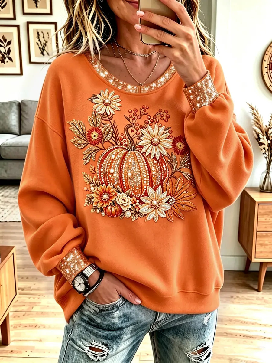 Vintage Pumpkin Autumn Pattern Art Casual Stylish Long Sleeve Sweatshirt