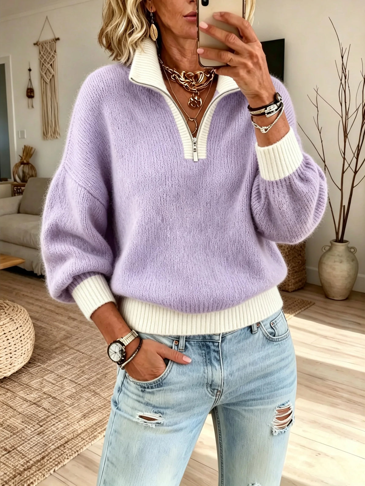 Women Solid Color Block Half Zip Collar Knit Sweater