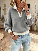 Women Solid Color Block Half Zip Collar Knit Sweater