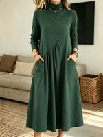 Women Turtleneck Diagonal Ruched Pocket Long Sleeve Midi Dress