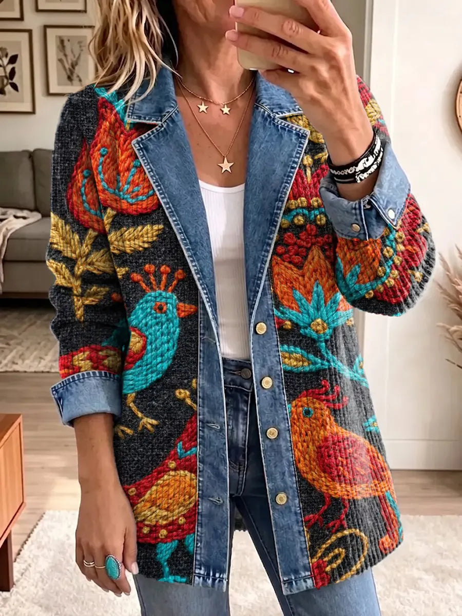 Funny Chicken Pattern Art Casual Denim Patchwork Stylish Long Sleeve Coat