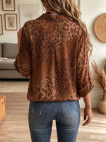 Women Leopard Print Shirt with Sequin Pockets Roll-up Long Sleeve Blouse