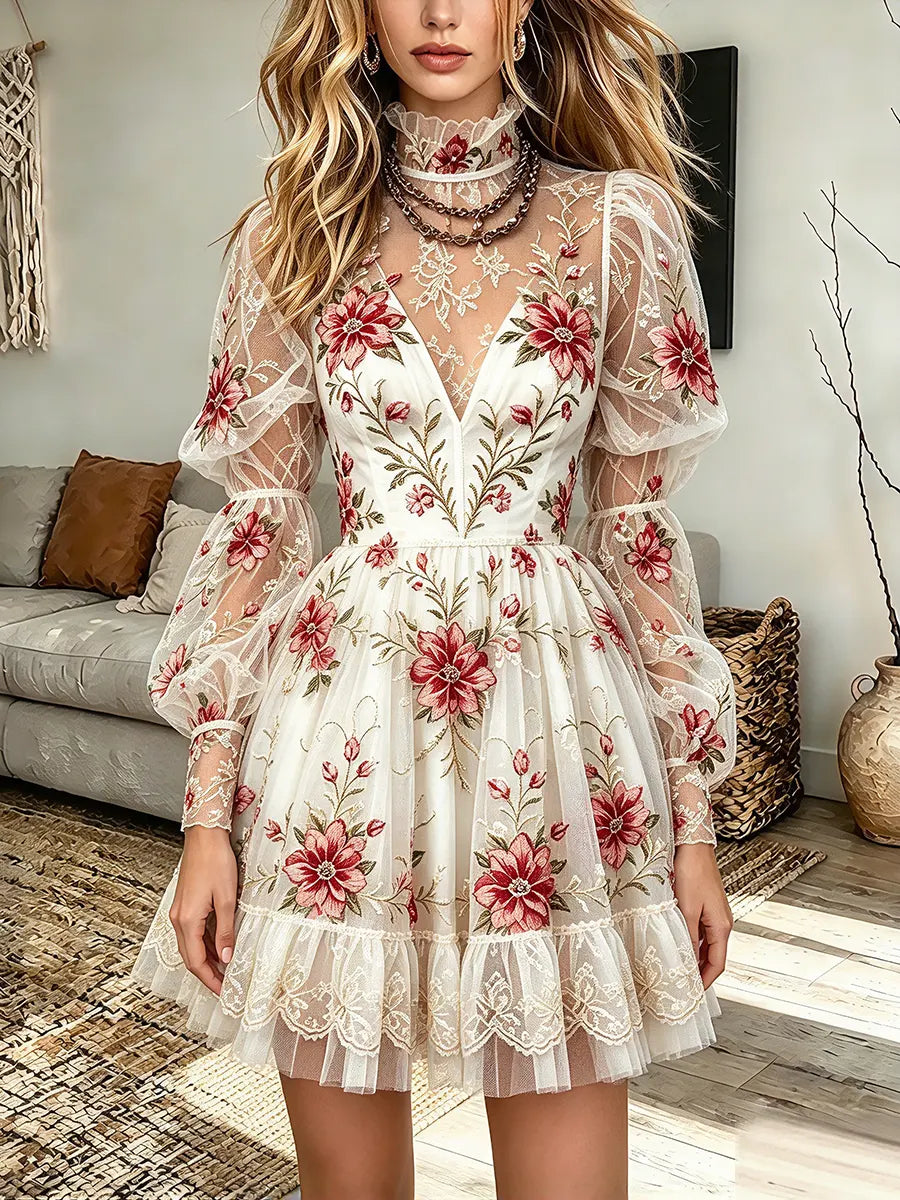 Vintage Elegant Floral Organza Dress
