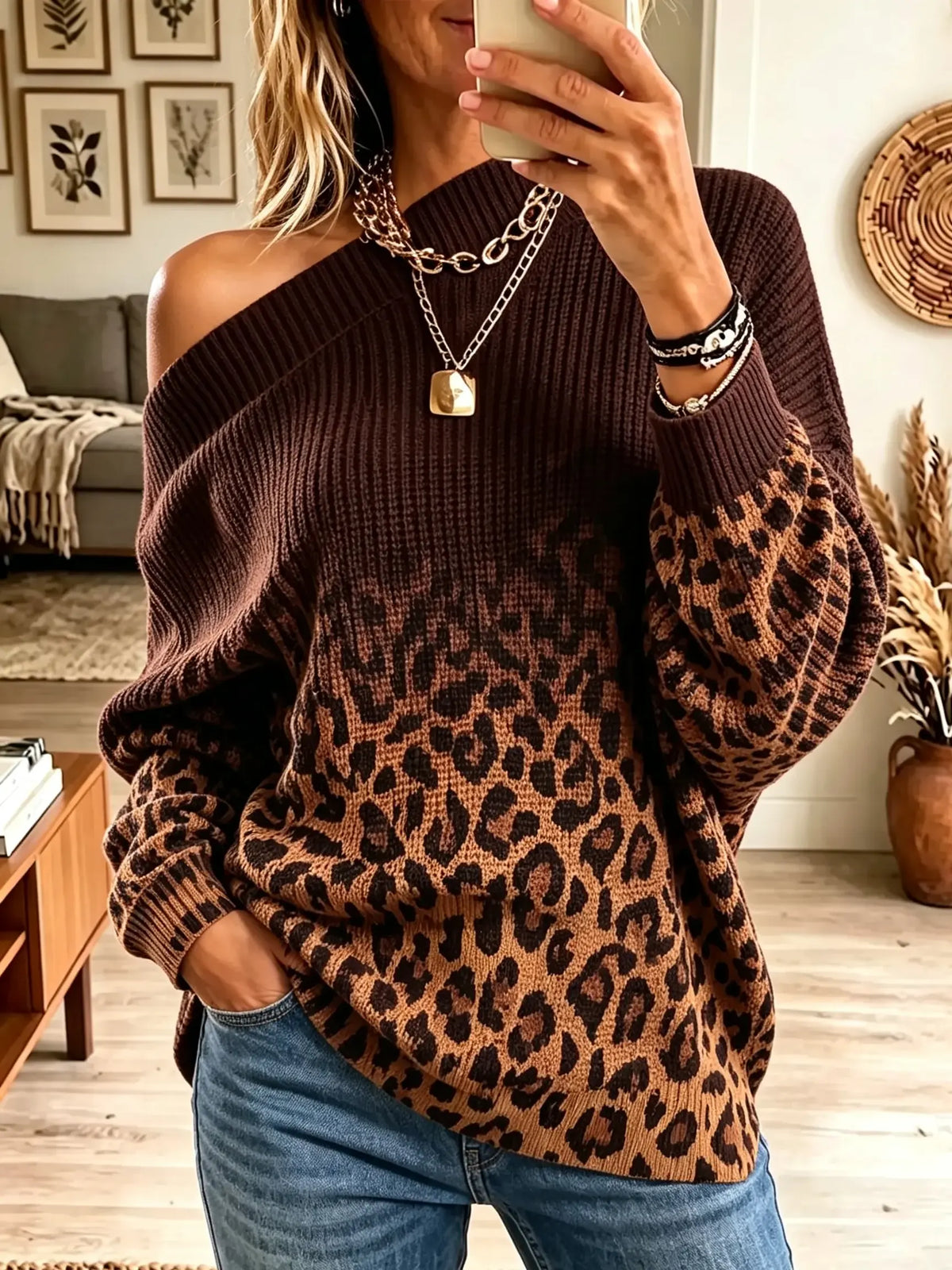 Women's Ombre Leopard Print Off-the-Shoulder Sweater