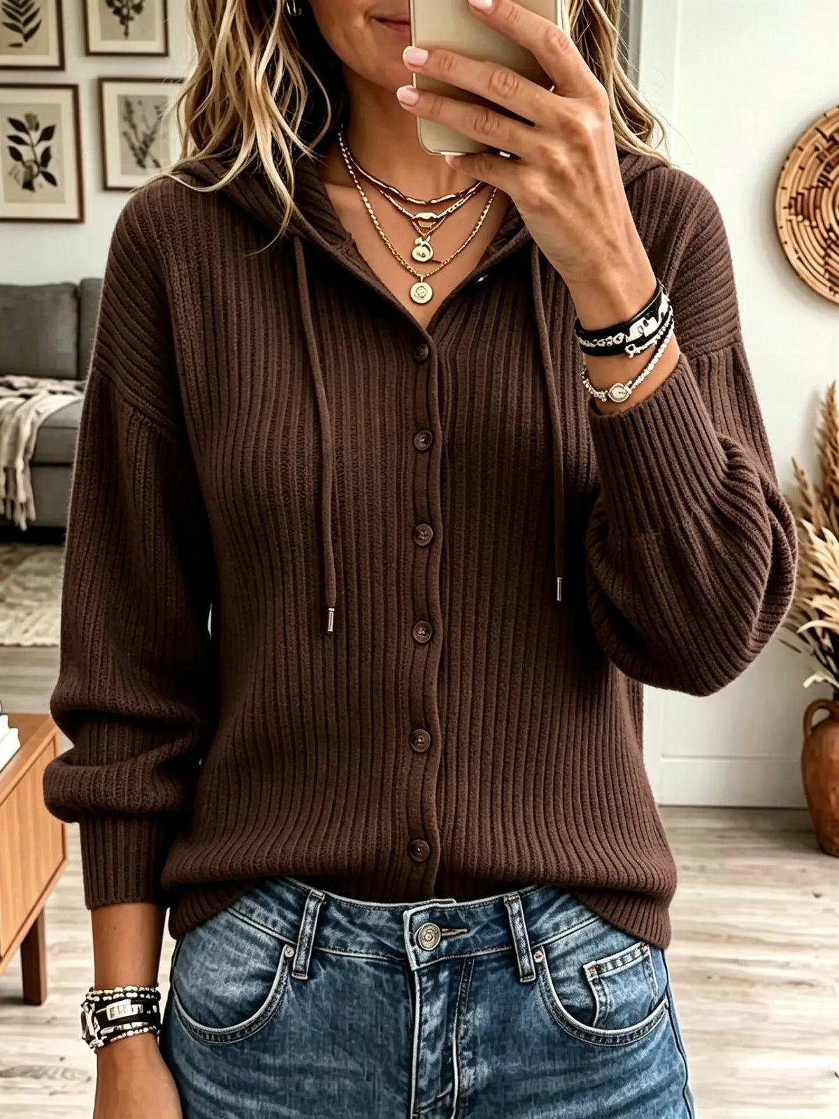 Women's Hooded Button-Down Ribbed Knit Cardigan