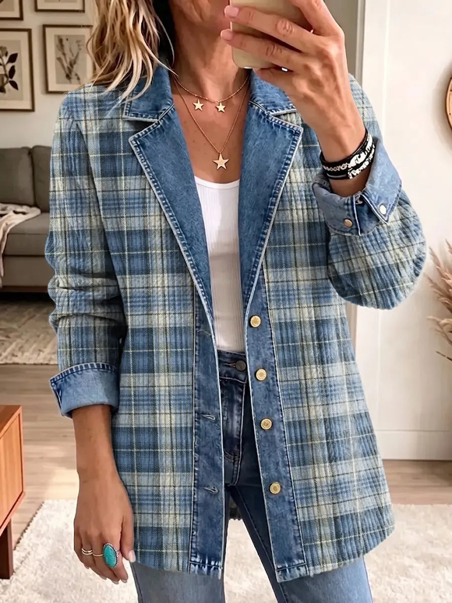 Retro Plaid Pattern Art Casual Denim Patchwork Stylish Long Sleeve Coat