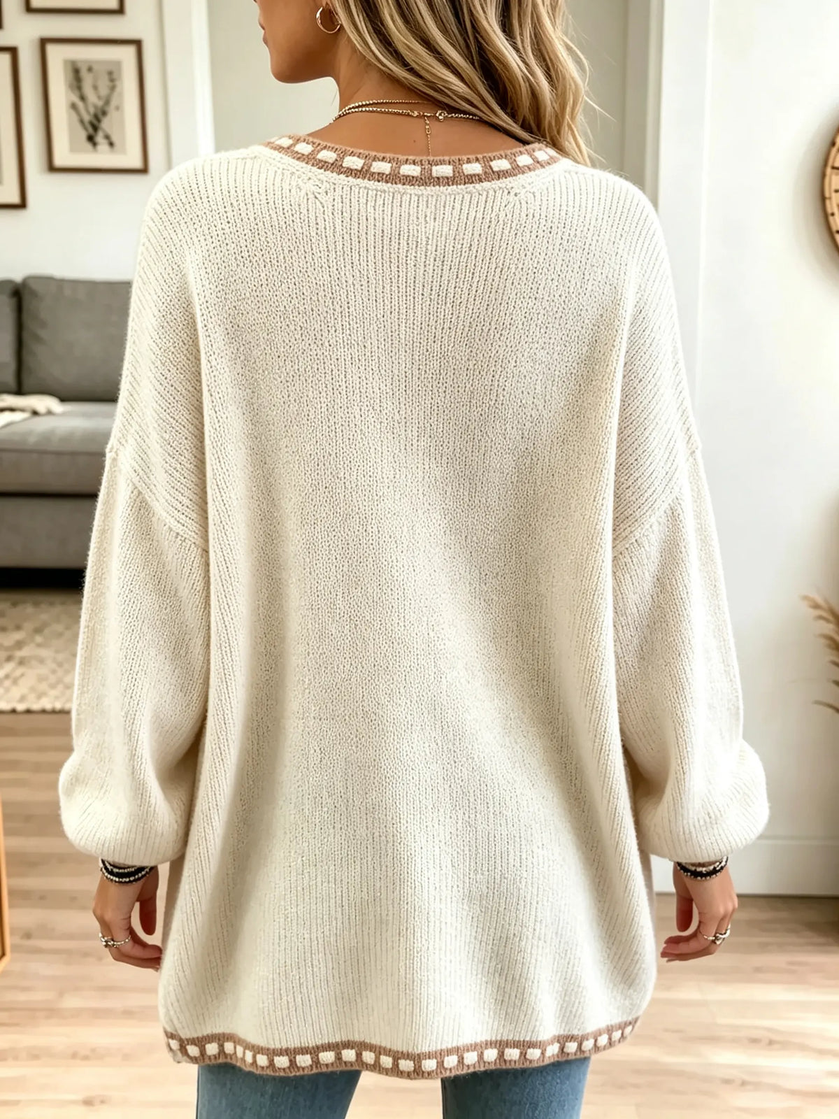 Women's Blanket Stitch Trim V-Neck Slouchy Sweater