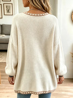 Women's Blanket Stitch Trim V-Neck Slouchy Sweater