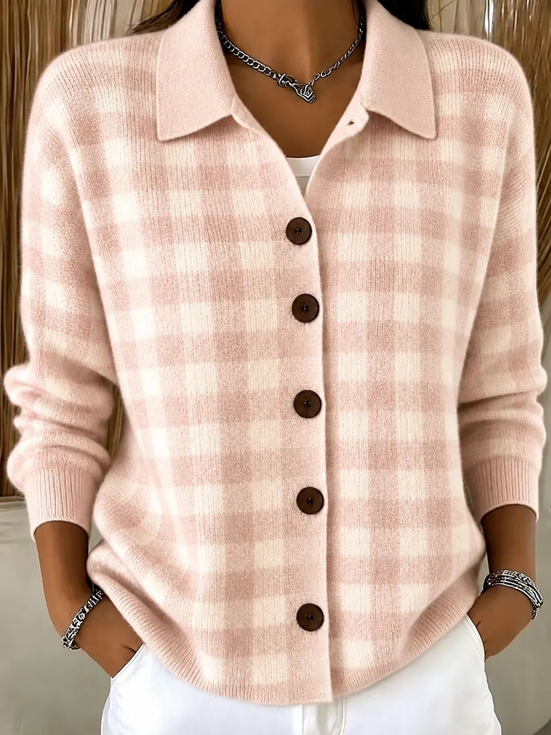 Women Light Blue Gingham Collared Button Knit Cardigan
