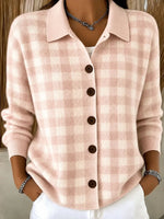 Women Light Blue Gingham Collared Button Knit Cardigan