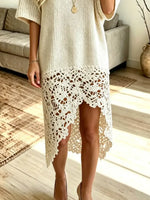 Retro Floral Lace Hollow Patchwork Art Casual Stylish Short Sleeve Knit Dress