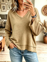 Women's Raw Hem Frayed V-Neck Pullover Sweatshirt