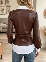 Women's Faux Leather Cowl Neck Layered Shirt