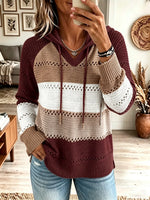 Women's Striped Knit Drawstring Hooded Sweater