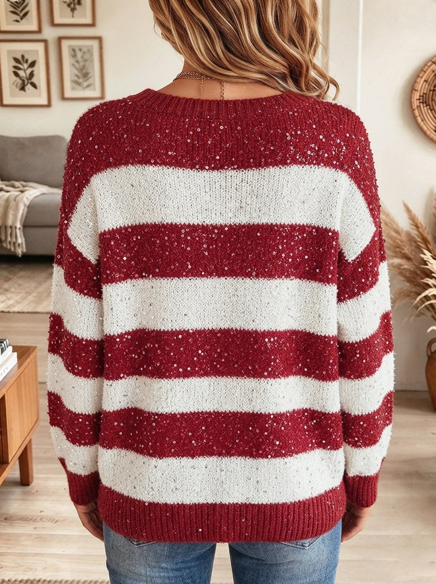 Women's Red and White Striped Sequin Knit Sweater
