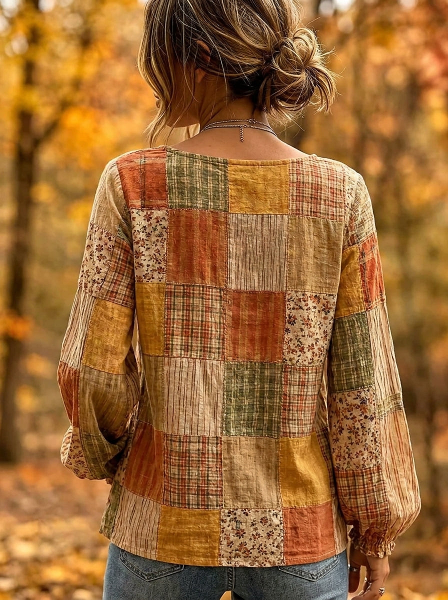 Women's Autumn Patchwork Plaid Balloon Sleeve Blouse