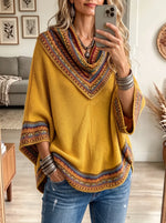 Women's Southwestern Aztec Print Cowl Neck Poncho Sweater - Mustard Yellow Boho Knit Pullover Top