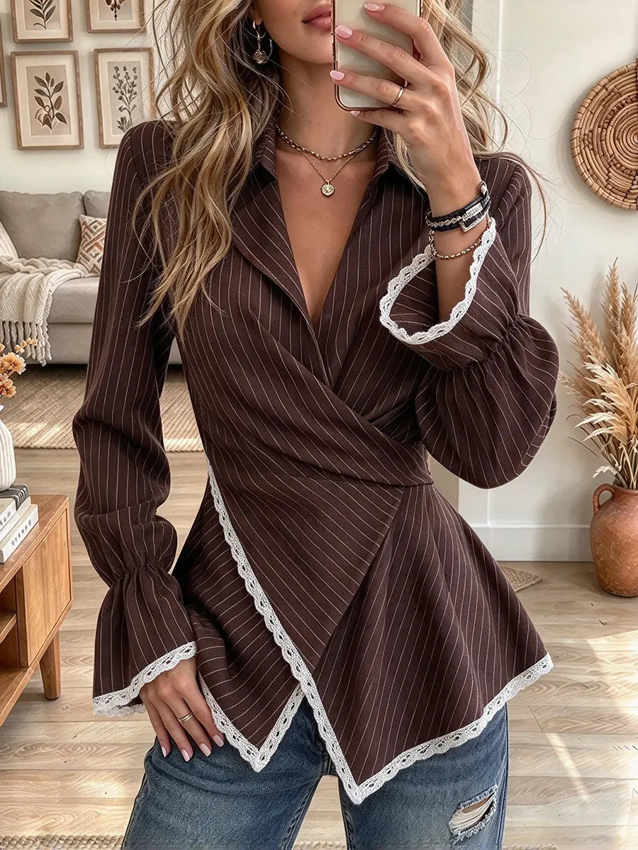 Women's Long Sleeve Lace Trim Irregular Hem Fitted Blouse