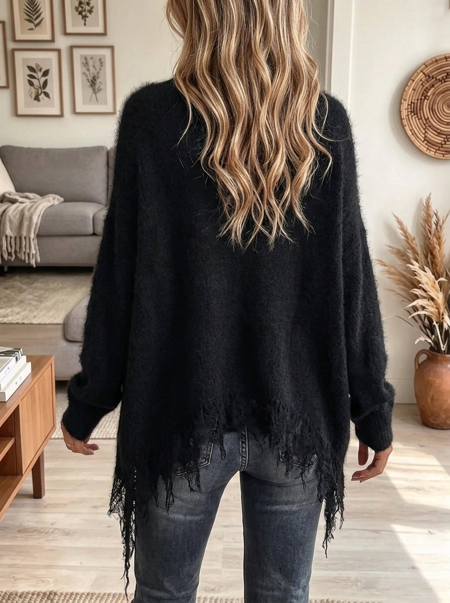 Women's Cowl Neck Fringe Trim Eyelash Knit Sweater