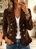 Women's Ruffled Trim Double-Breasted Suede Blazer