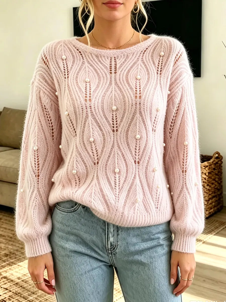 Elegant Hollow Pearl Knit Art Casual Stylish Long Sleeve Sweater