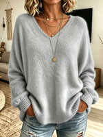 Women V‑Neck Fuzzy Plush Oversized Long Sleeve Knit Sweater