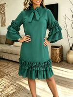 Women Bow Tie Neck Layered Ruffle Bell Sleeve Shift Midi Dress