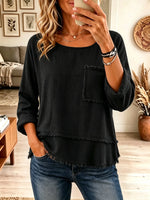 Women's Frayed Trim Textured Scoop Neck Tunic Top