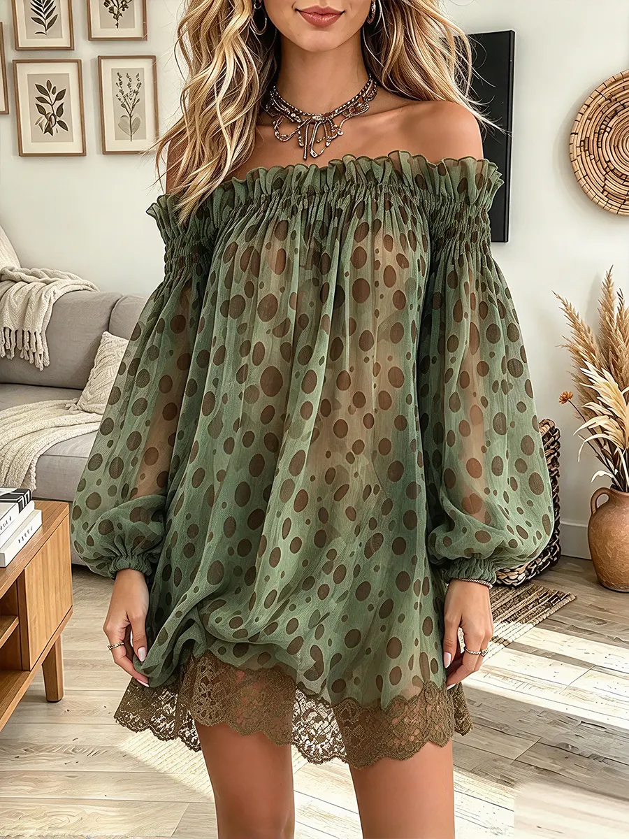 Vintage Elegant Polka Dot Chiffon Patchwork Lace Dress