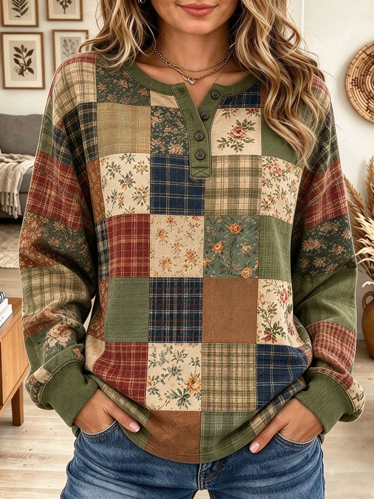 Women's Vintage Countryside Floral and Plaid Patchwork Henley Sweatshirt