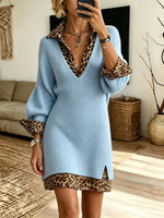 Women Solid V-Neck Knit Tunic Leopard Shirt Dress