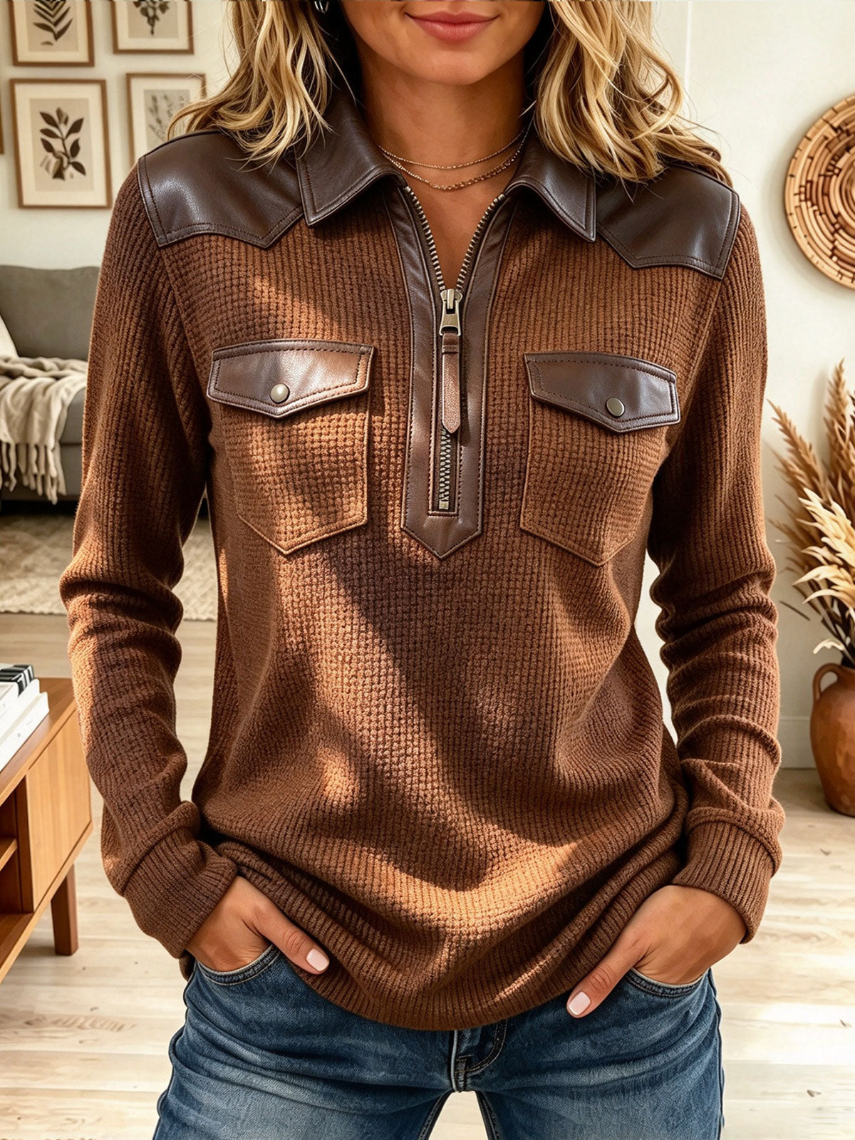 Women Western Faux Leather Patchwork Waffle Knit Half Zip Top