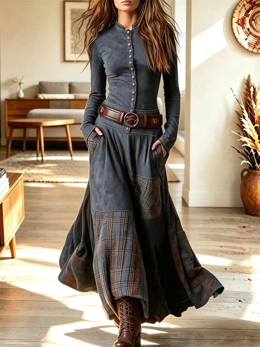 Vintage Plaid Patchwork Art Casual Stylish Long Sleeve Long Dress