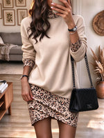 Women's Long Sleeve Turtleneck Leopard Print Patchwork Mini Dress