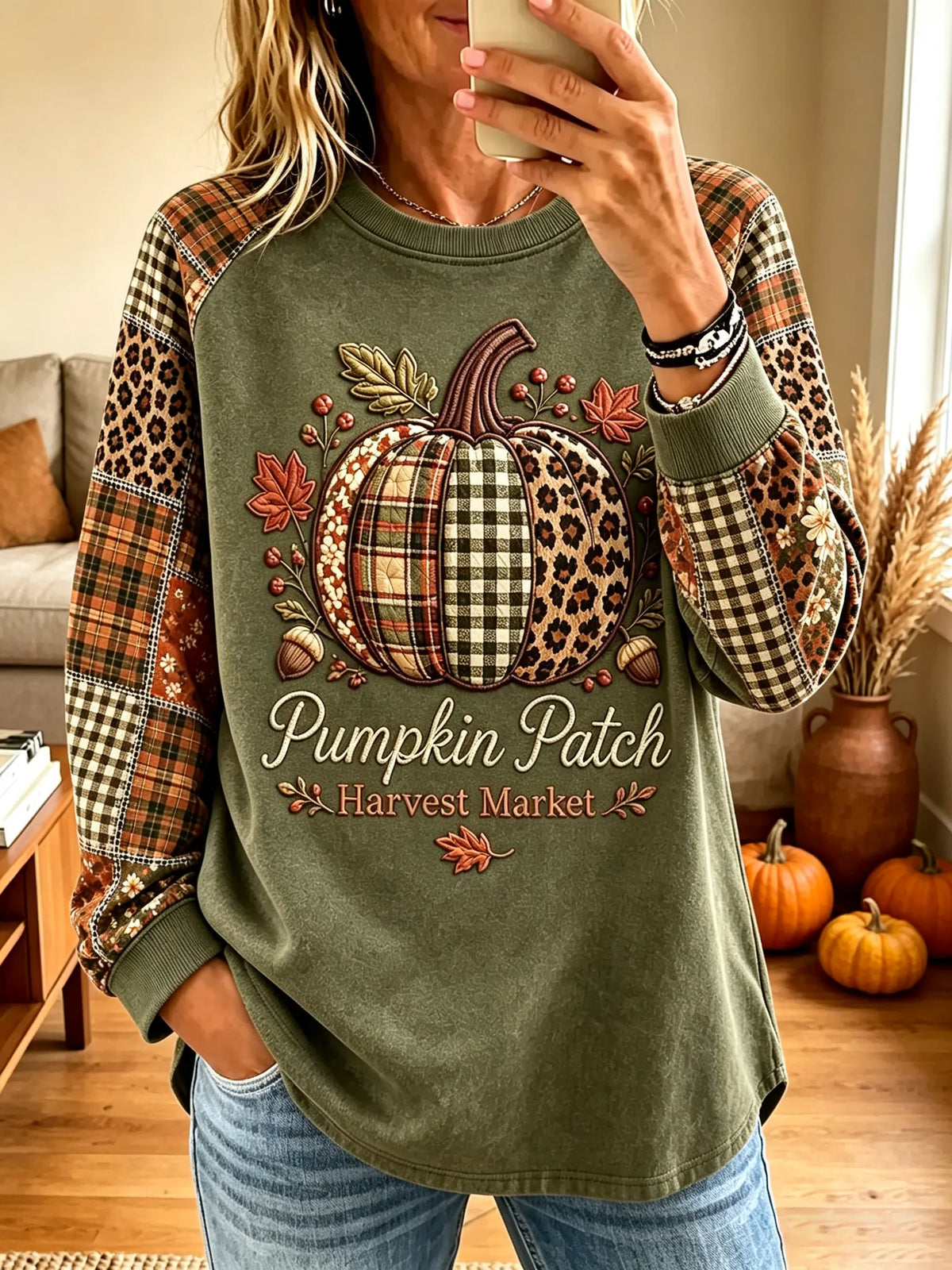 Women's Leopard Plaid Pumpkin Patch Sweatshirt