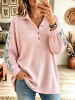 Women's Pink Ribbed Knit Top, Rhinestone Sequin Sleeve Metal Button V Neck Sweater Blouse