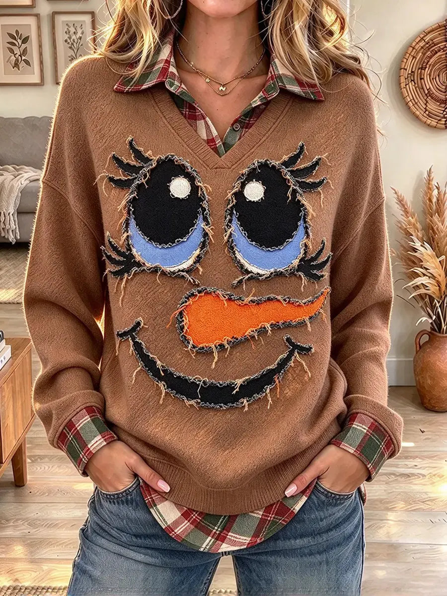 omen's Frayed Patchwork Snowman Face Sweatshirt