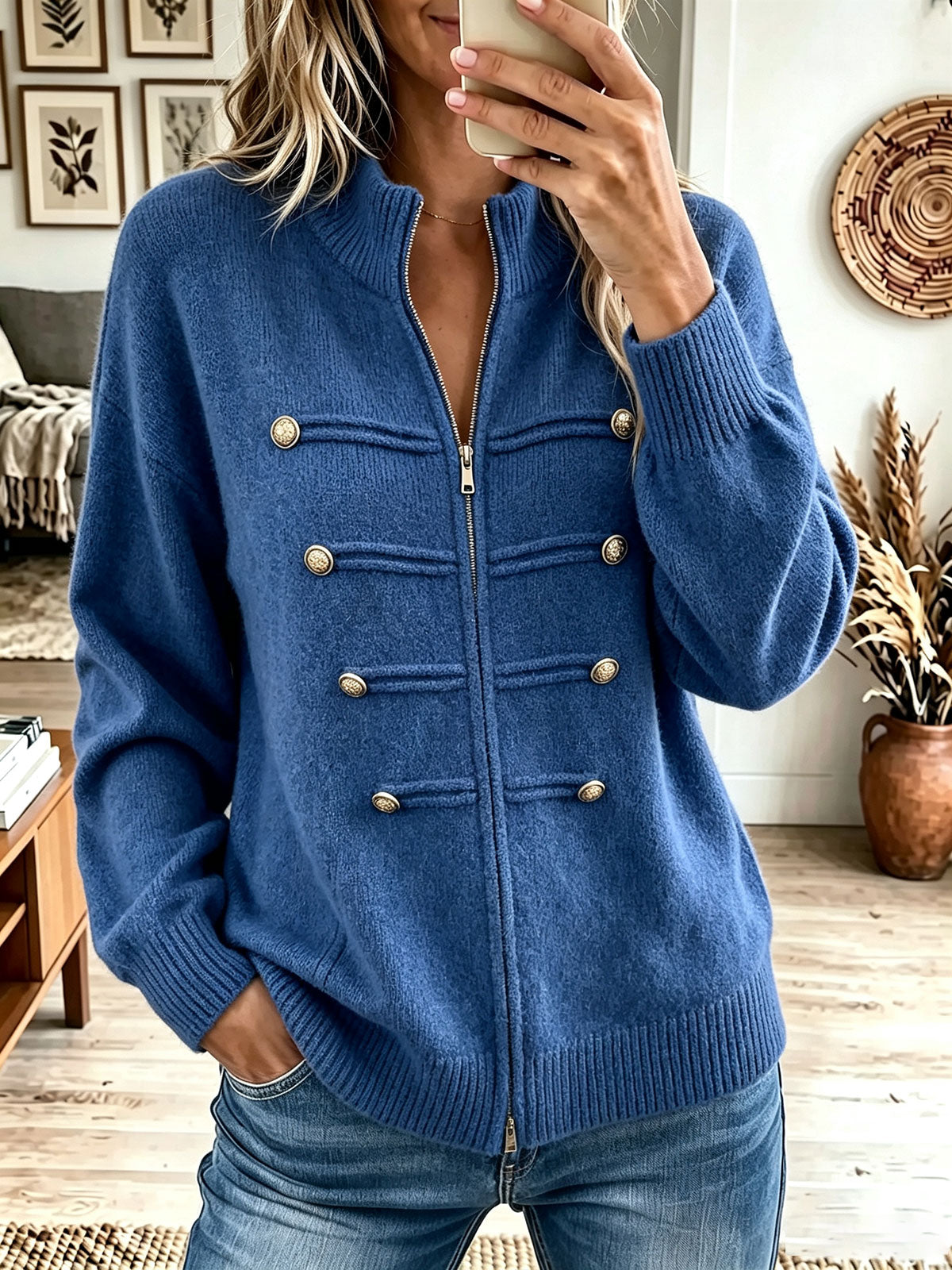 Women's Zip Up Mock Neck Knit Cardigan, Decorative Gold Button Long Sleeve Sweater Jacket